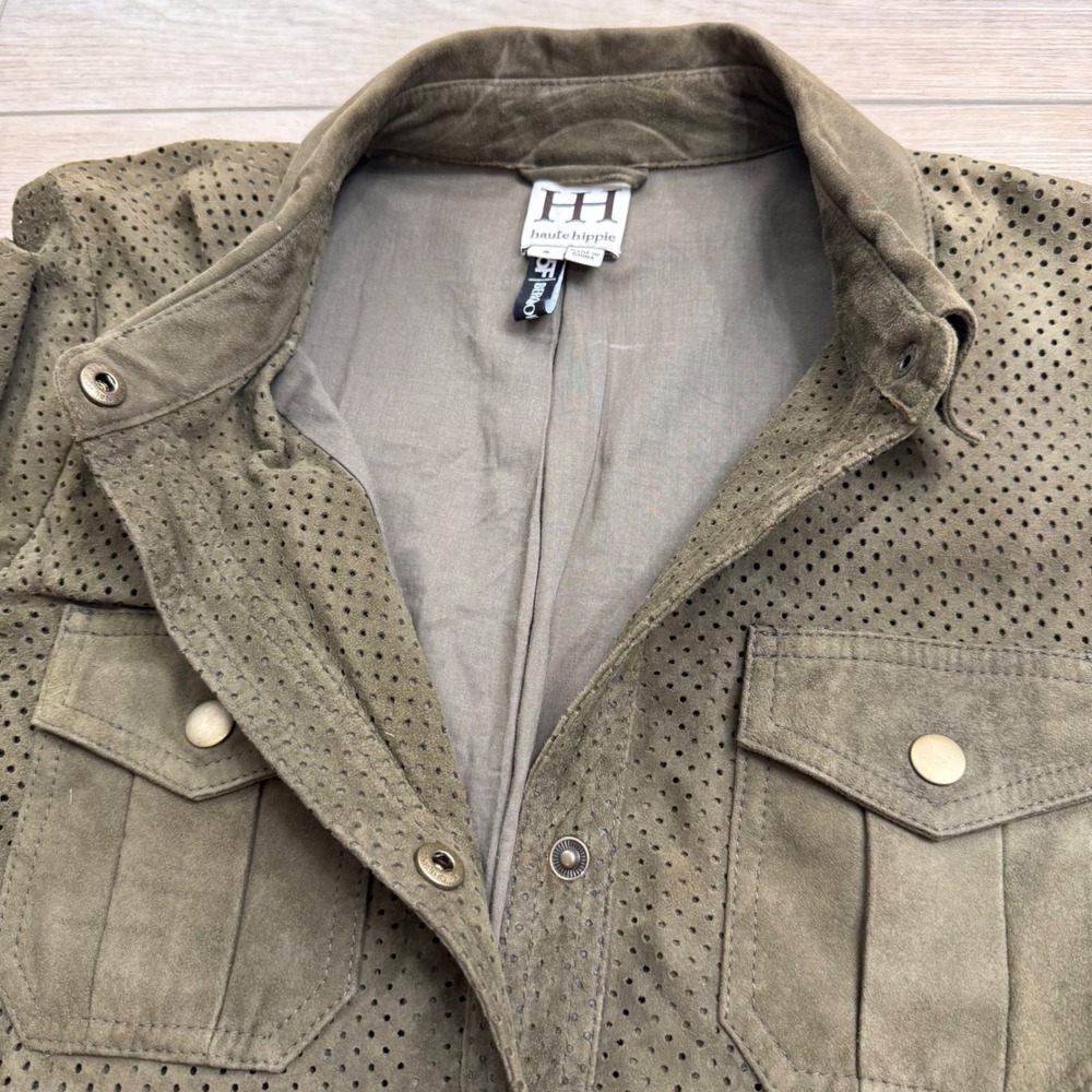 Haute Hippie Suede Leather Shirt Dress Olive Green Perforated Belted Utility - Picture 3 of 16